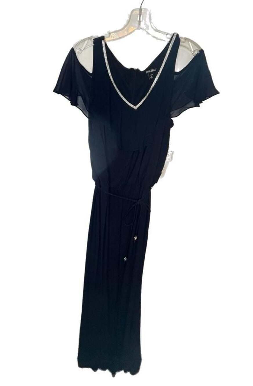 Roz & Ali Navy Blue Cold Shoulder Ruffle Pant Jumpsuit Rhinestone Neckline 1X - Picture 3 of 9